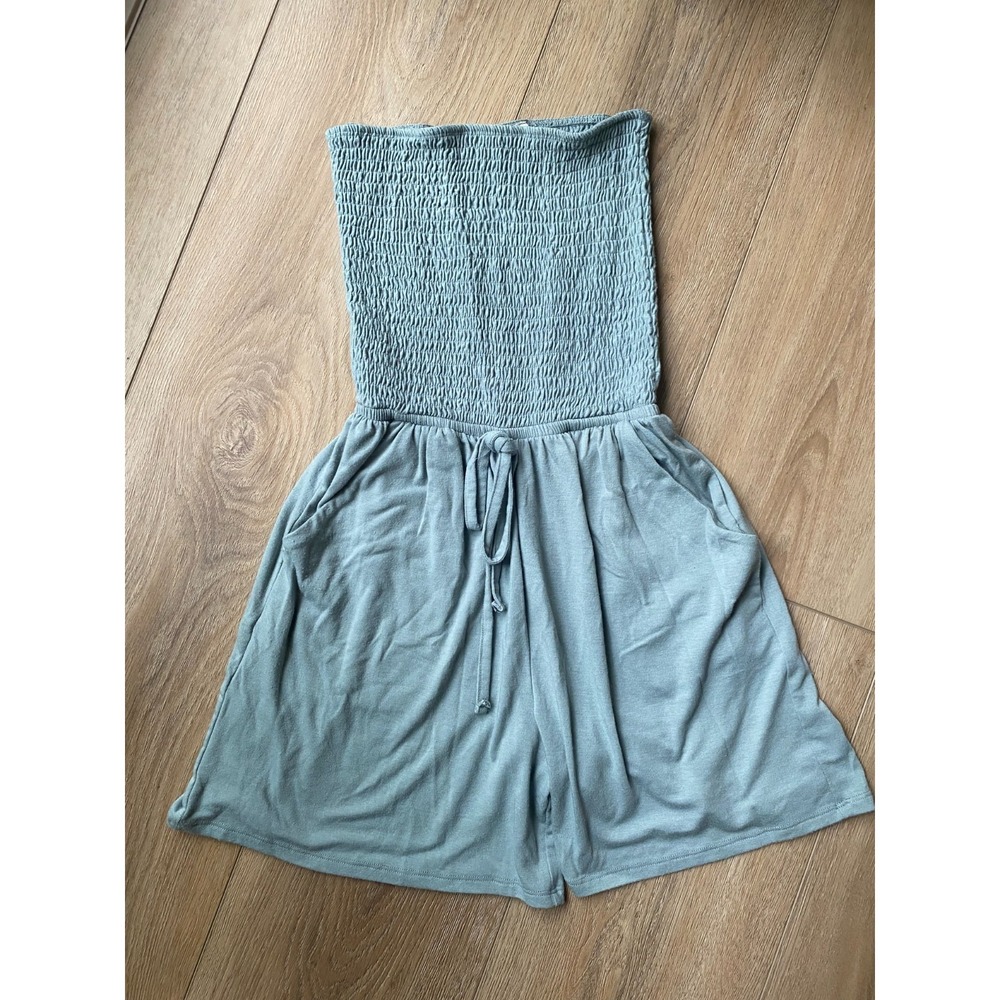 Zenana Womens Small Sage Green Strapless Romper Smocked Beach Cover Up